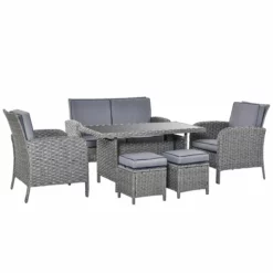 Outsunny Conjunto De Muebles De Jardín 6 Piezas De Ratán Con Mesa De Centro Sofá Doble 2 Sillones Individuales 2 Taburetes Con Cojines Para Patio Porche Terraza Gris