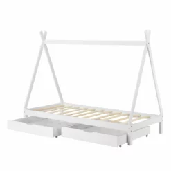 Cama Para Niños Maine Con 2 Cajones - En Diseño De Carpa Indio - Pino 90 X 200 Cm Blanco [en.casa]