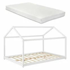 Cama Para Niños Cerro Con Colchón En Forma De Casa Madera Pino 140 X 200 Cm - Blanco [en.casa]