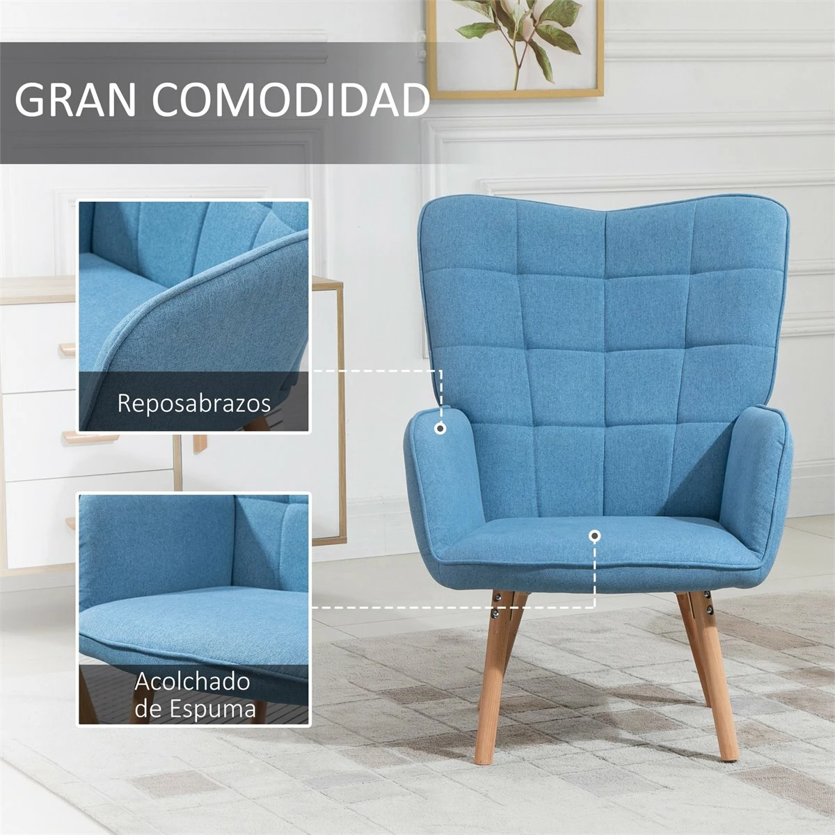 HOMCOM Butaca De Salón Moderna Sillón Con Respaldo Alto Reposabrazos Tela De Lino Y Patas De Madera De Haya Para Comedor Cocina 71x76x101 Cm Azul 4 HOMCOM Butaca De Salón Moderna Sillón Con Respaldo Alto Reposabrazos Tela De Lino Y Patas De Madera De Haya Para Comedor Cocina 71x76x101 Cm Azul - Imagen 4