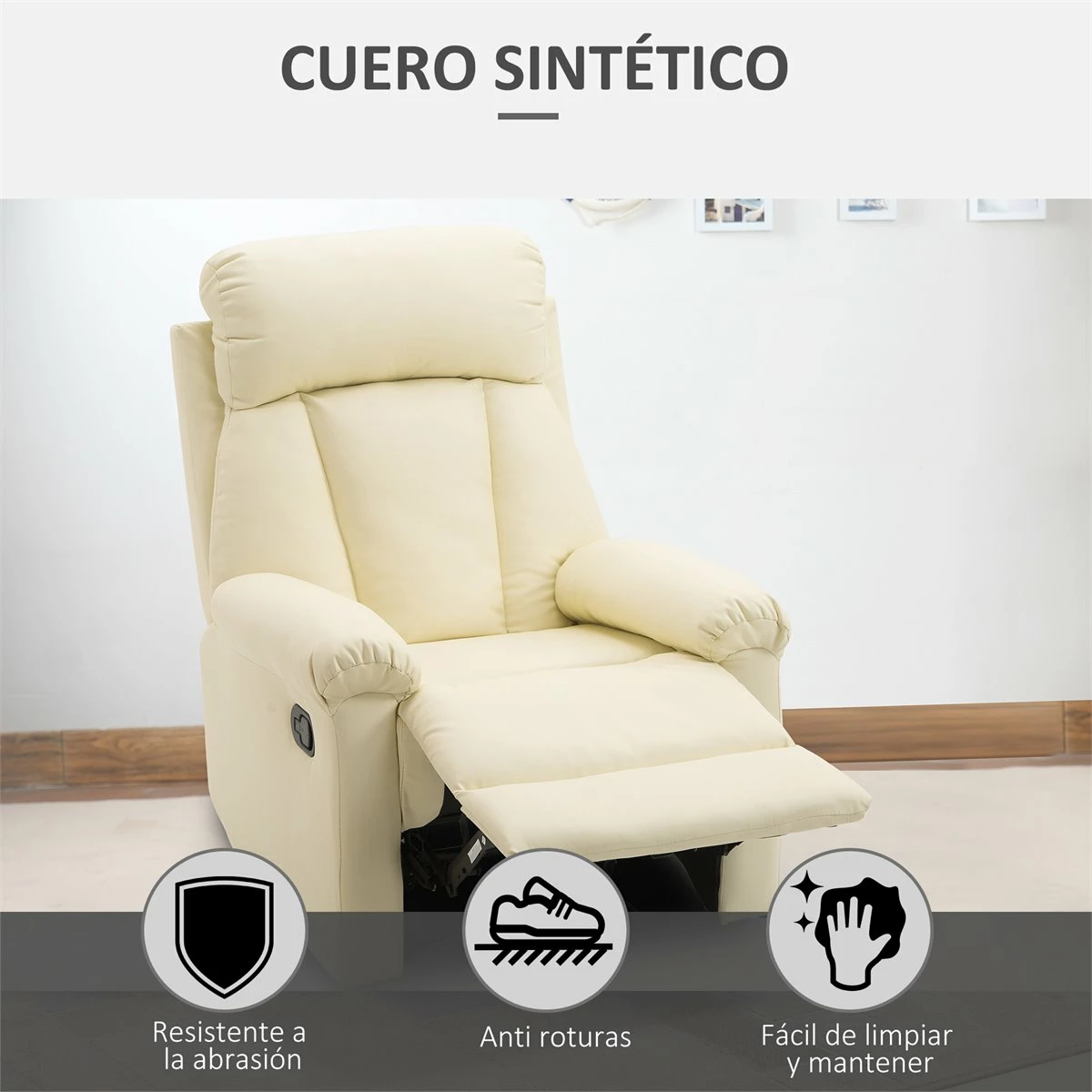HOMCOM Sillón Relax Reclinable Tapizado En PU Butaca De Salón Con Reposapiés Retráctil Respaldo Alto Resposabrazos Y Asiento Acolchados Grueso 80x97x107 Cm Blanco 6 HOMCOM Sillón Relax Reclinable Tapizado En PU Butaca De Salón Con Reposapiés Retráctil Respaldo Alto Resposabrazos Y Asiento Acolchados Grueso 80x97x107 Cm Blanco - Imagen 6