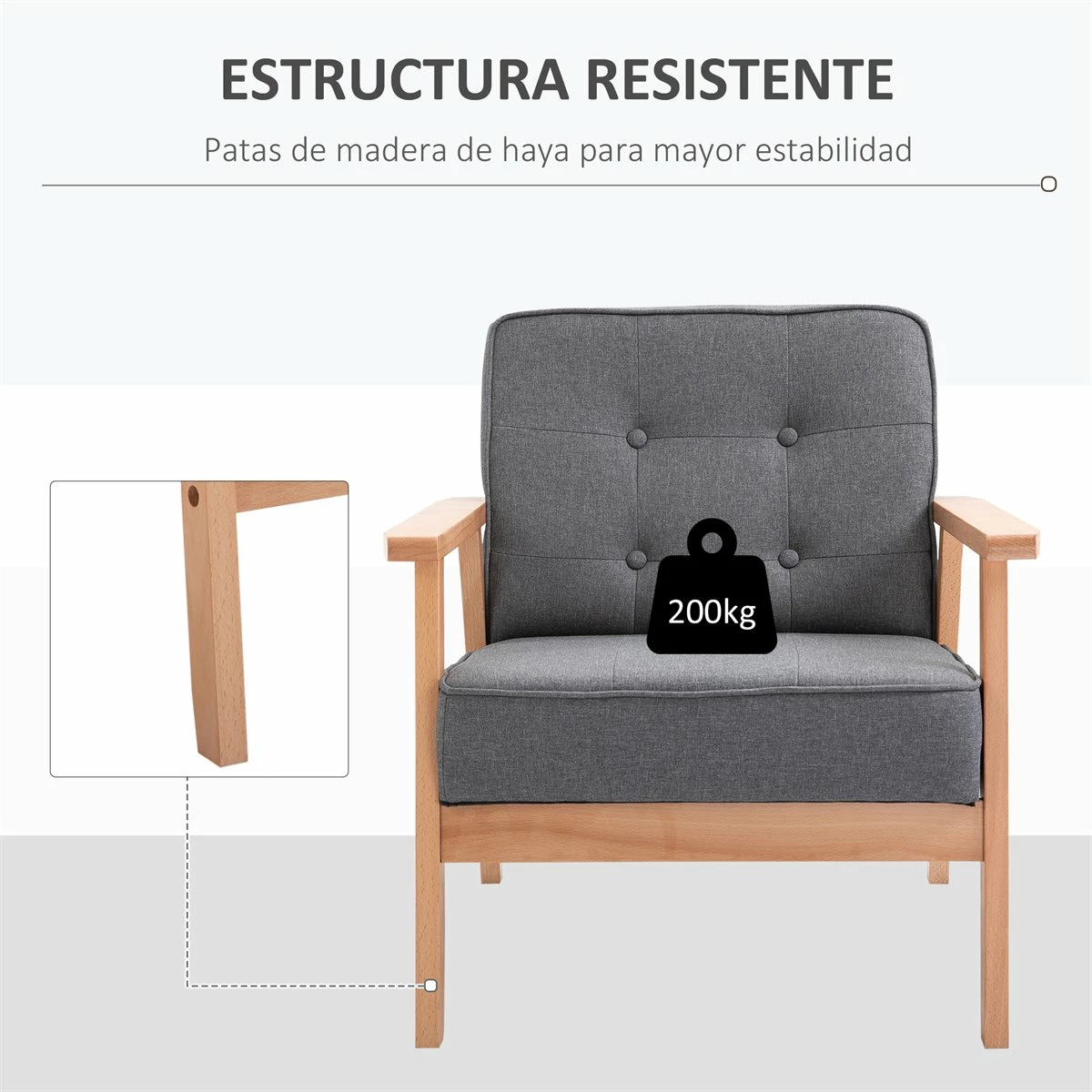 HOMCOM Butaca De Salón Moderno Sillón Individual Tapizado En Lino Con Asiento Acolchado Y Marco De Madera Para Oficina Dormitorio Carga 200 Kg 70x64,5x74 Cm Gris 6 HOMCOM Butaca De Salón Moderno Sillón Individual Tapizado En Lino Con Asiento Acolchado Y Marco De Madera Para Oficina Dormitorio Carga 200 Kg 70x64,5x74 Cm Gris - Imagen 6