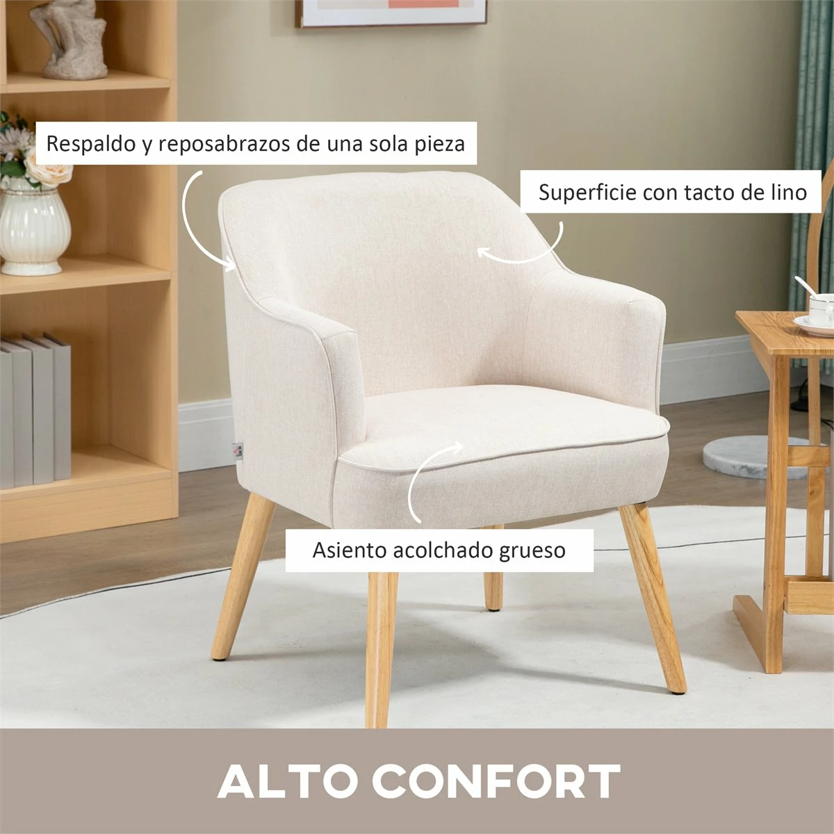 HOMCOM Sillón Nórdico Moderno Butaca De Salón Tapizada En Lino Con Patas De Madera Para Dormitorio Oficina Estudio Carga 120 Kg 64,5x65x79,5 Cm Crema 4 HOMCOM Sillón Nórdico Moderno Butaca De Salón Tapizada En Lino Con Patas De Madera Para Dormitorio Oficina Estudio Carga 120 Kg 64,5x65x79,5 Cm Crema - Imagen 4