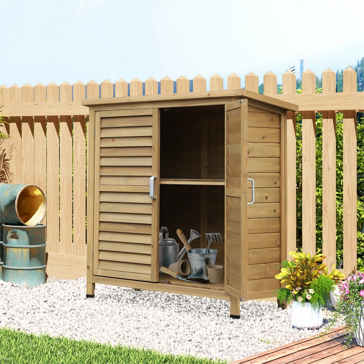 Outsunny Cobertizo De Almacenamiento De Madera Para Jardín 87x46,5x96,5 Cm Con 2 Estantes Interiores 2 Puertas De Buena Ventilación Y Techo Inclinado Para Exterior Terreza Natural 1 Outsunny Cobertizo De Almacenamiento De Madera Para Jardín 87x46,5x96,5 Cm Con 2 Estantes Interiores 2 Puertas De Buena Ventilación Y Techo Inclinado Para Exterior Terreza Natural