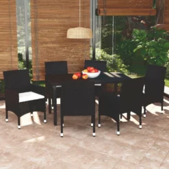Set De Comedor De Jardín 7 Pzas Y Cojines Ratán Sintético Negro VidaXL