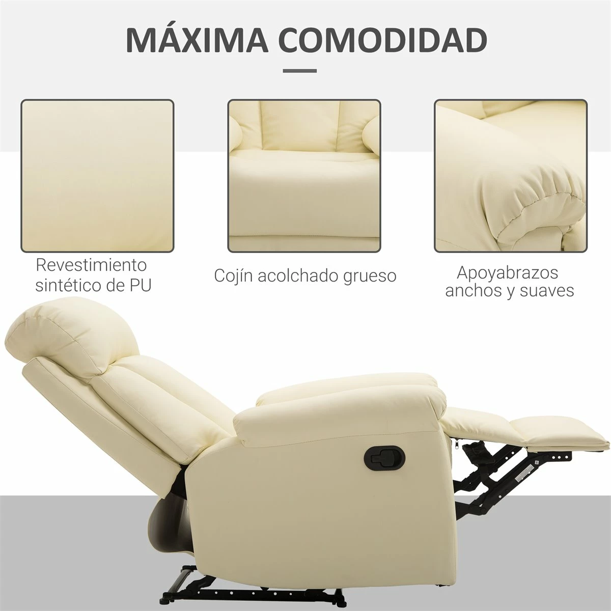 HOMCOM Sillón Relax Reclinable Tapizado En PU Butaca De Salón Con Reposapiés Retráctil Respaldo Alto Resposabrazos Y Asiento Acolchados Grueso 80x97x107 Cm Blanco 5 HOMCOM Sillón Relax Reclinable Tapizado En PU Butaca De Salón Con Reposapiés Retráctil Respaldo Alto Resposabrazos Y Asiento Acolchados Grueso 80x97x107 Cm Blanco - Imagen 5