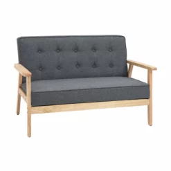 HOMCOM Sofá De 2 Plazas Con Respaldo Y Cojines Acolchados Patas De Madera Antideslizantes Botones Con Mechones Salón Dormitorio Oficina 114x66x69 Cm Gris