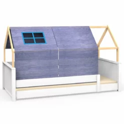 Cama Montessori Barrera Simple-estructura Techo KASVA Con Textiles Viena Azul