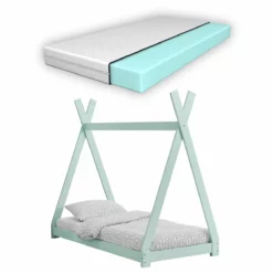 Cama Infantil Onejda Con Colchón De Espuma Fría- Diseño Tipi - Pino 70 X140 Cm - Verde Menta [en.casa]