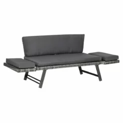 Outsunny Sofá De Ratán De 2 Plazas Convertible En Cama Individual Con Reposabrazos Abatibles Y Cojines Acolchados Jardín Patio Terraza 129x63x67 Cm Gris
