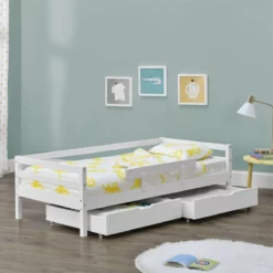 Cama Para Niños Reykholt Con 2 Cajones, Somier Y Protección Contra Caídas - Pino 90 X 200 Cm - Blanco [en.casa]