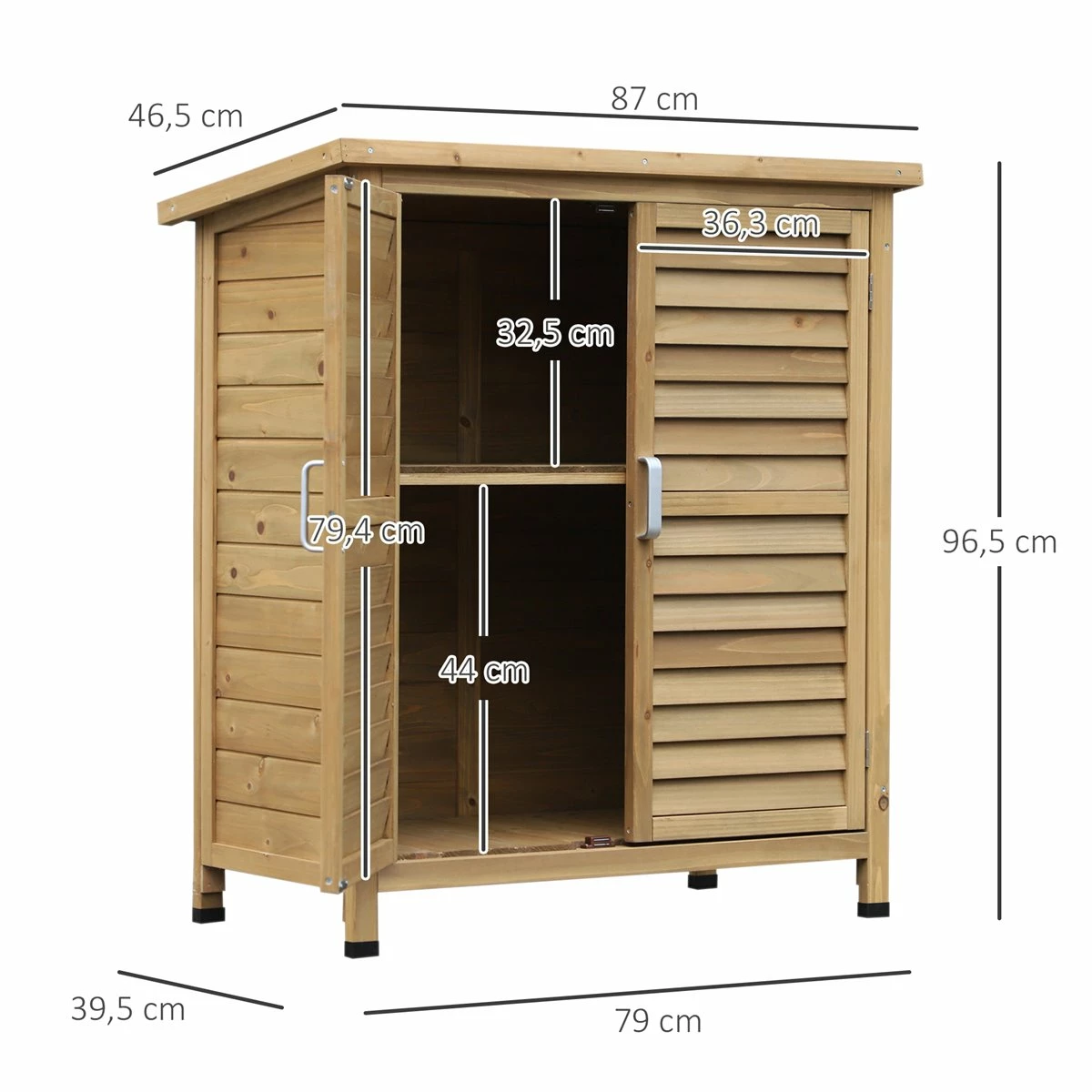 Outsunny Cobertizo De Almacenamiento De Madera Para Jardín 87x46,5x96,5 Cm Con 2 Estantes Interiores 2 Puertas De Buena Ventilación Y Techo Inclinado Para Exterior Terreza Natural 2 Outsunny Cobertizo De Almacenamiento De Madera Para Jardín 87x46,5x96,5 Cm Con 2 Estantes Interiores 2 Puertas De Buena Ventilación Y Techo Inclinado Para Exterior Terreza Natural - Imagen 2