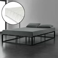 Cama Doble (Kreta) Con Colchón Y Listón De Cama Metal-acero 140 X 200 Cm - Negro [en.casa]