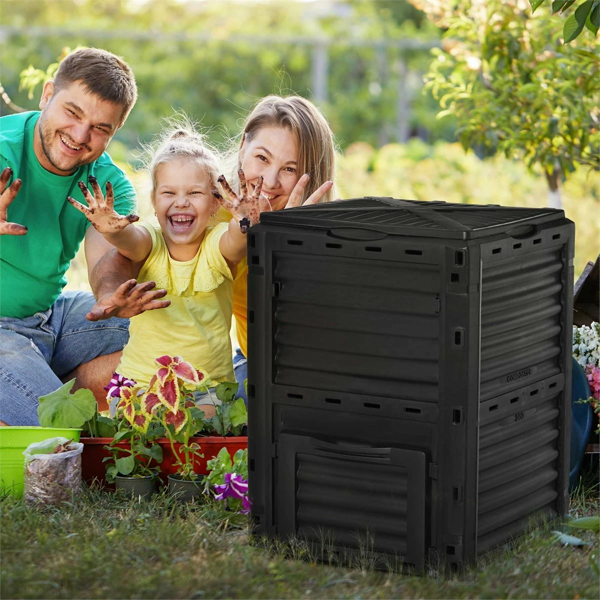 Outsunny Compostador Capacidad De 300L Compostera Orgánica Para Producción Abono De Jardín Exterior Con 48 Respiraderos 60,5x60,5x81,5 Cm Negro 2 Outsunny Compostador Capacidad De 300L Compostera Orgánica Para Producción Abono De Jardín Exterior Con 48 Respiraderos 60,5x60,5x81,5 Cm Negro - Imagen 2