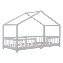 Cama Para Niños Treviolo Forma De Casa Pino 90x200 Cm Gris Claro Y Blanco Mate [en.casa]