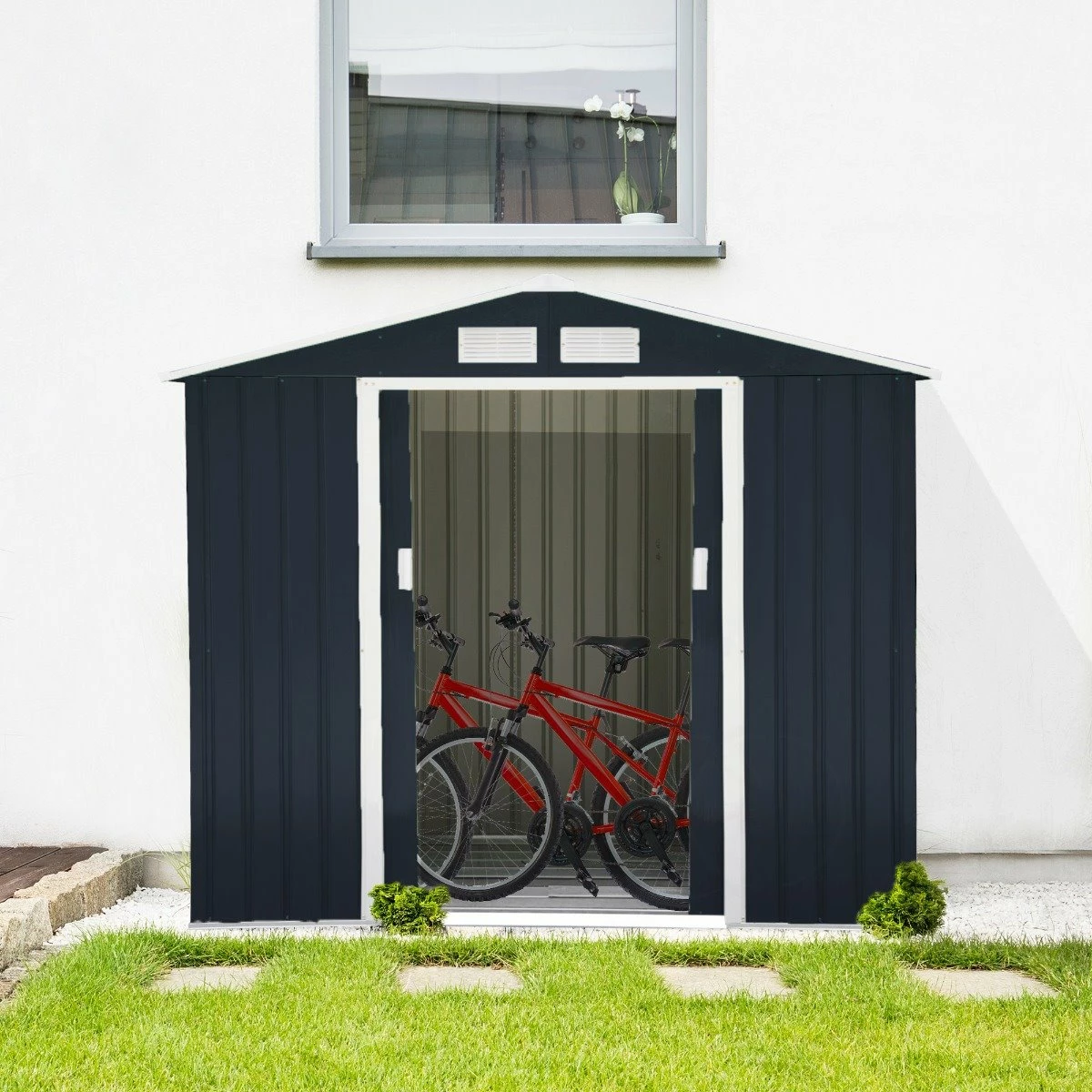 Outsunny Caseta De Jardín 213x130x185 Cm Cobertizo Metálico De Exterior Para Almacenamiento De Herramientas Con 2 Puertas Correderas Y 4 Ventanas Para Terraza Gris 2 Outsunny Caseta De Jardín 213x130x185 Cm Cobertizo Metálico De Exterior Para Almacenamiento De Herramientas Con 2 Puertas Correderas Y 4 Ventanas Para Terraza Gris - Imagen 2