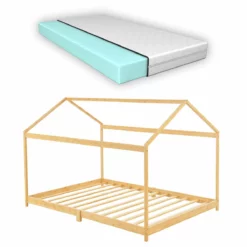 Cama Infantil Vindafjord En Forma De Casa Con Colchón Bambú 70 X 140 Cm - Color Natural [en.casa]