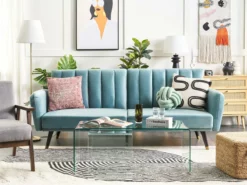 Sofá Cama 3 Plazas De Terciopelo Azul Claro/negro VIMMERBY