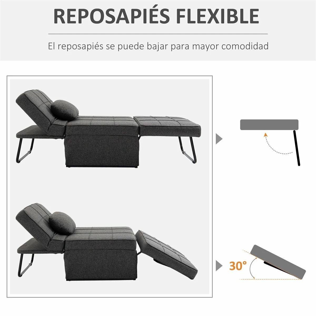 HOMCOM 3 En 1 Sofá Cama Individual Tapizada En Lino Sillón Reclinable En 5 Posiciones Convertible Reposapiés Con Reposacabezas Para Salón Carga 200 Kg 95x189x43 Cm Gris 6 HOMCOM 3 En 1 Sofá Cama Individual Tapizada En Lino Sillón Reclinable En 5 Posiciones Convertible Reposapiés Con Reposacabezas Para Salón Carga 200 Kg 95x189x43 Cm Gris - Imagen 6