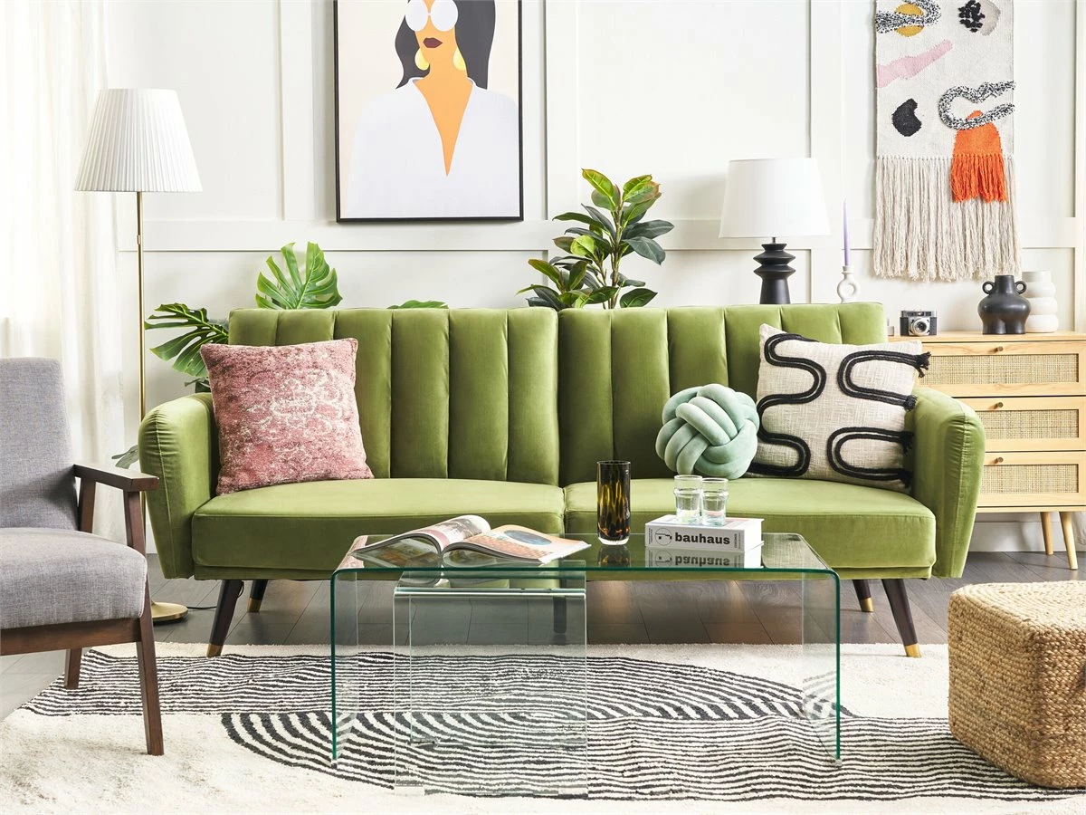 Sofá Cama 3 Plazas De Terciopelo Verde Oliva/negro VIMMERBY 1 Sofá Cama 3 Plazas De Terciopelo Verde Oliva/negro VIMMERBY