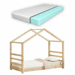 Cama Para Niños Con Colchón Vardø - Forma De Casa - Pino Y Oeko-Tex 100 - 80 X 160 Cm - Natural [en.casa]