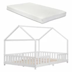 Cama Para Niños Sisimiut Forma De Casa Pino Con Colchón 140x200 Cm Blanco Mate [en.casa][neu.haus]