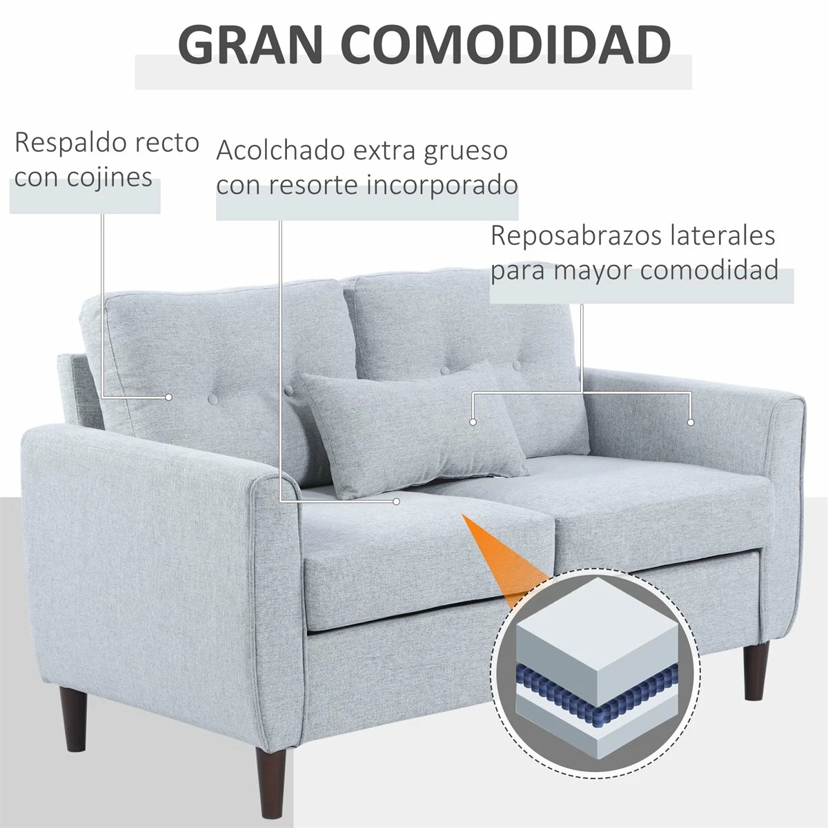 HOMCOM Sofá De 2 Plazas Sillón Biplaza Para Salón Con Cojines Y Asiento Acolchado Funda De Almohada Lavable 140x78x83 Cm Gris Claro 5 HOMCOM Sofá De 2 Plazas Sillón Biplaza Para Salón Con Cojines Y Asiento Acolchado Funda De Almohada Lavable 140x78x83 Cm Gris Claro - Imagen 5