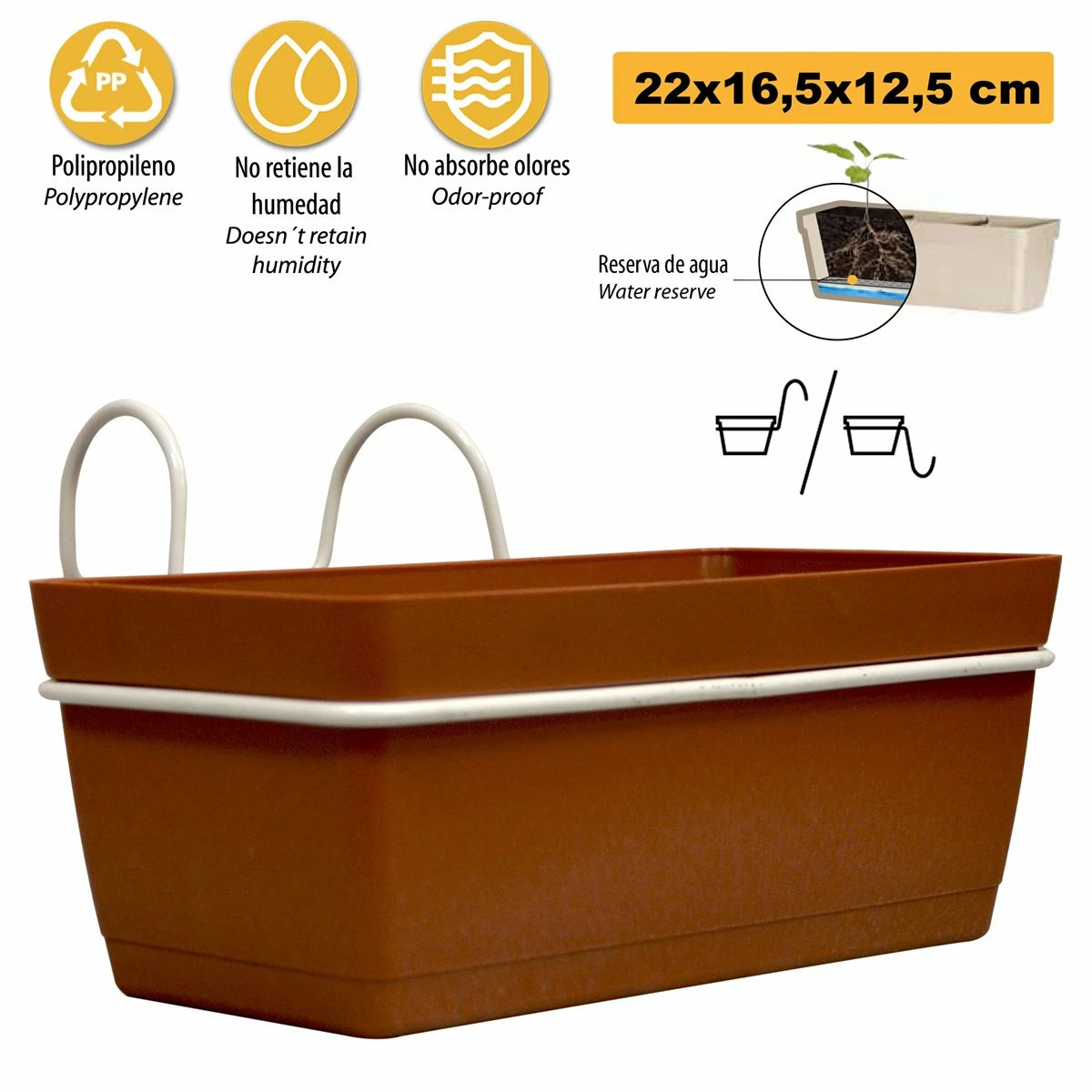 3 Jardineras L 22 Cm Con Ganchos, De Polipropileno 3 3 Jardineras L 22 Cm Con Ganchos, De Polipropileno - Imagen 3