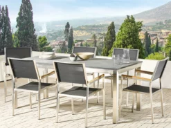 Mesa De Comedor De Metal/granito Gris Grafito/plateado 180 X 90 Cm GROSSETO
