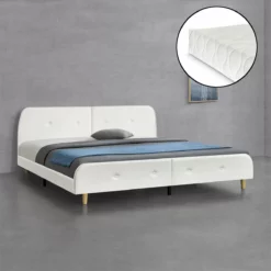 Cama Doble Tapizada Silkeborg MDF/Polipiel Colchón De Espuma Fría 180x200 Cm - Blanco [en.casa]