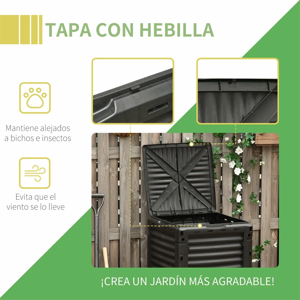 Outsunny Compostador Capacidad De 300L Compostera Orgánica Para Producción Abono De Jardín Exterior Con 48 Respiraderos 60,5x60,5x81,5 Cm Negro 5 Outsunny Compostador Capacidad De 300L Compostera Orgánica Para Producción Abono De Jardín Exterior Con 48 Respiraderos 60,5x60,5x81,5 Cm Negro - Imagen 5
