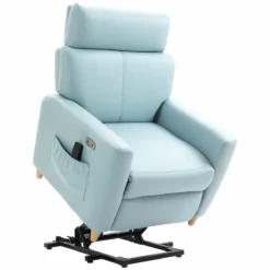 HOMCOM Sillón Levanta Personas Sillón Relax Eléctrico Tapizado En Microfibra Con Reclinación 143° USB Reposacabezas Ajustable Reposapiés Y Bolsillo Lateral Carga 150 Kg 81x91x103 Cm Azul