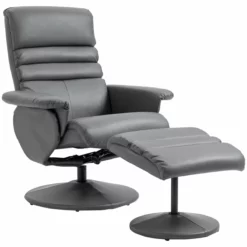 HOMCOM Sillón De Salón Con Otomana Reposapiés Tapizado En PU Sillón Relax Reclinable Hasta 135° Y Giratorio 360° Con Respaldo Ajustable Para Salón Dormitorio Oficina 80x84x100 Cm Gris