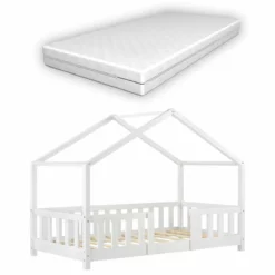 Cama Para Niños Treviolo Forma De Casa Pino Con Colchón 80x160 Cm Blanco Mate [en.casa][neu.haus]