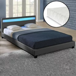 Corium Cama De Matrimonio Paris De Cuero Sintético - Con Colchón Y LED - (180x200cm) - (gris Oscuro)