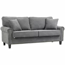 HOMCOM Sofá De 2 Plazas Sofá De Salón Moderno Tapizado En Poliéster Con 2 Cojines Ribete De Cabeza De Clavo Y Patas De Madera De Caucho 196x80,5x89 Cm Gris