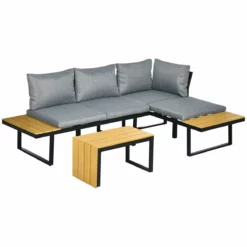 Outsunny Conjunto De Muebles De Jardín De Aluminio 3 Piezas Juego De Conversación Incluye 2 Sofás Esquineros Con Cojines Mesa De Plástico Madera Y Panel Lateral Para Terraza Gris