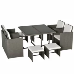 Outsunny Conjunto De Muebles De Jardín 9 Piezas De Ratán Para Comedor Sillas Apilables Con Cojines Extraíbles Lavables Mesa De Vidrio Templado Para Exterior Patio Terraza Gris