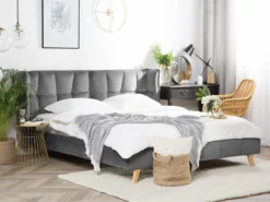 Cama Con Somier De Terciopelo Gris 160 X 200 Cm SENLIS