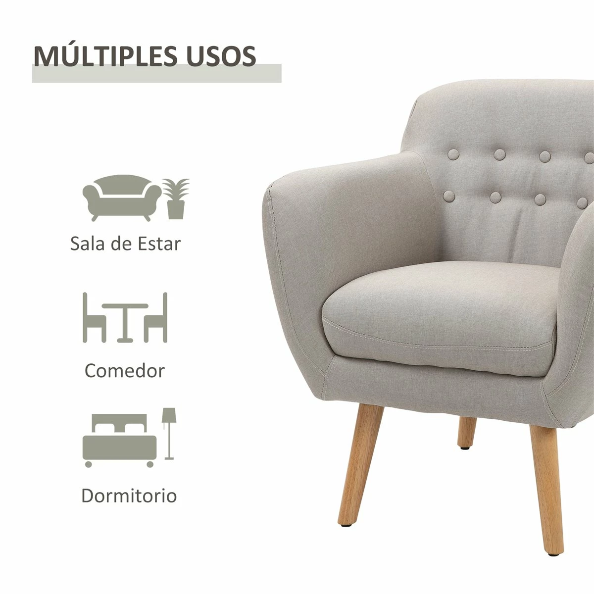 HOMCOM Butaca Moderna Con Patas De Madera Sillón Individual Estilo Nórdico Acolchado Para Salón Dormitorio 71x62x78 Cm Beige 5 HOMCOM Butaca Moderna Con Patas De Madera Sillón Individual Estilo Nórdico Acolchado Para Salón Dormitorio 71x62x78 Cm Beige - Imagen 5