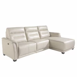 Sofá Chaise Longue (R) Tapizado En Piel De Origen Vacuno Color Gris Taupe Con Mecanismo Relax Eléctrico En Un Asiento. Patas De PVC Efecto Wengué.