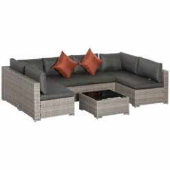 Outsunny Conjunto De Muebles De Jardín De Ratán 4 Piezas Mesa De Centro De Vidrio Sofá Doble Y 2 Sofás Esquineros Con Cojines Desenfundables Para Terraza Exterior Gris