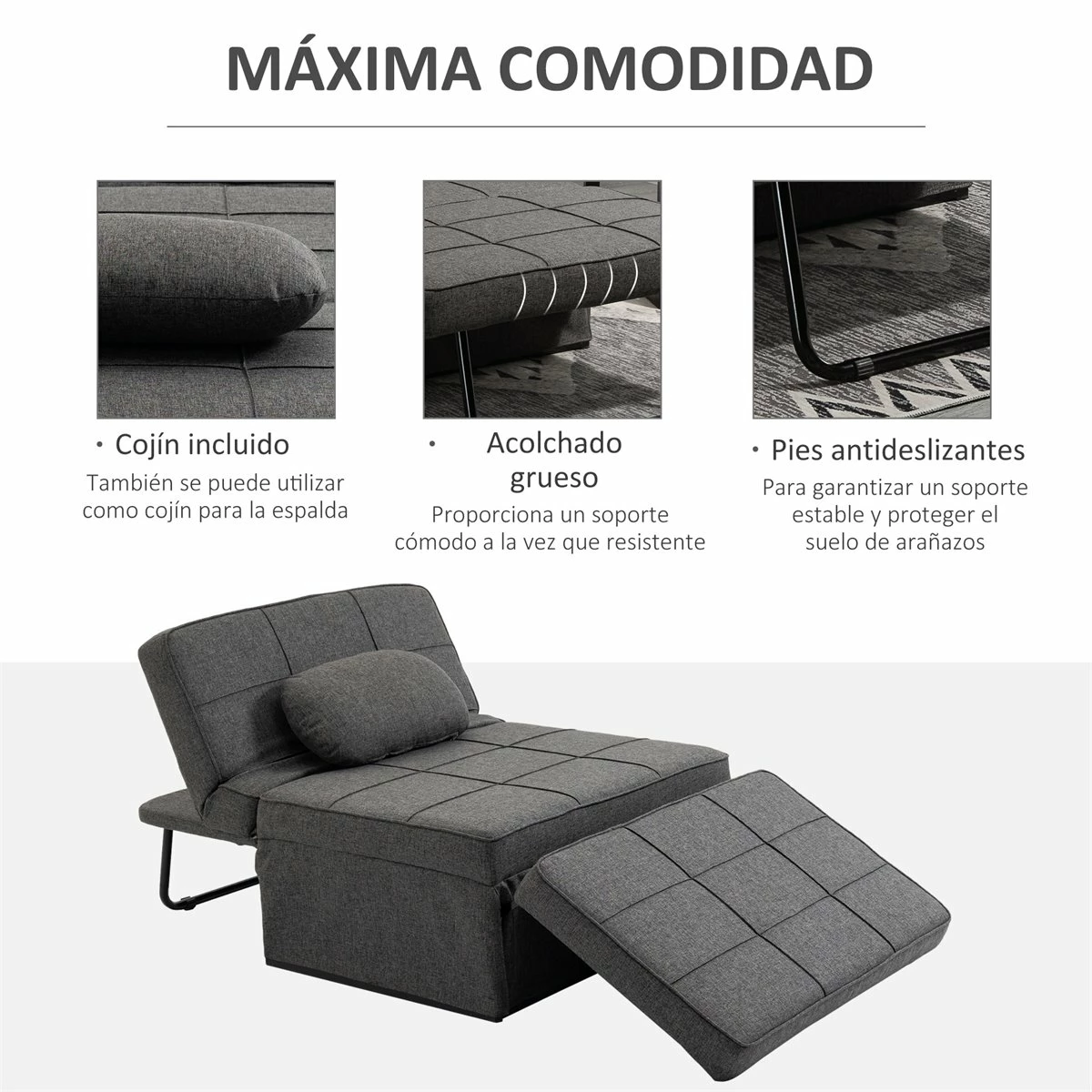 HOMCOM 3 En 1 Sofá Cama Individual Tapizada En Lino Sillón Reclinable En 5 Posiciones Convertible Reposapiés Con Reposacabezas Para Salón Carga 200 Kg 95x189x43 Cm Gris 7 HOMCOM 3 En 1 Sofá Cama Individual Tapizada En Lino Sillón Reclinable En 5 Posiciones Convertible Reposapiés Con Reposacabezas Para Salón Carga 200 Kg 95x189x43 Cm Gris - Imagen 7