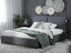 Cama Con Somier De Poliéster Gris Oscuro/madera Oscura 140 X 200 Cm BELFORT