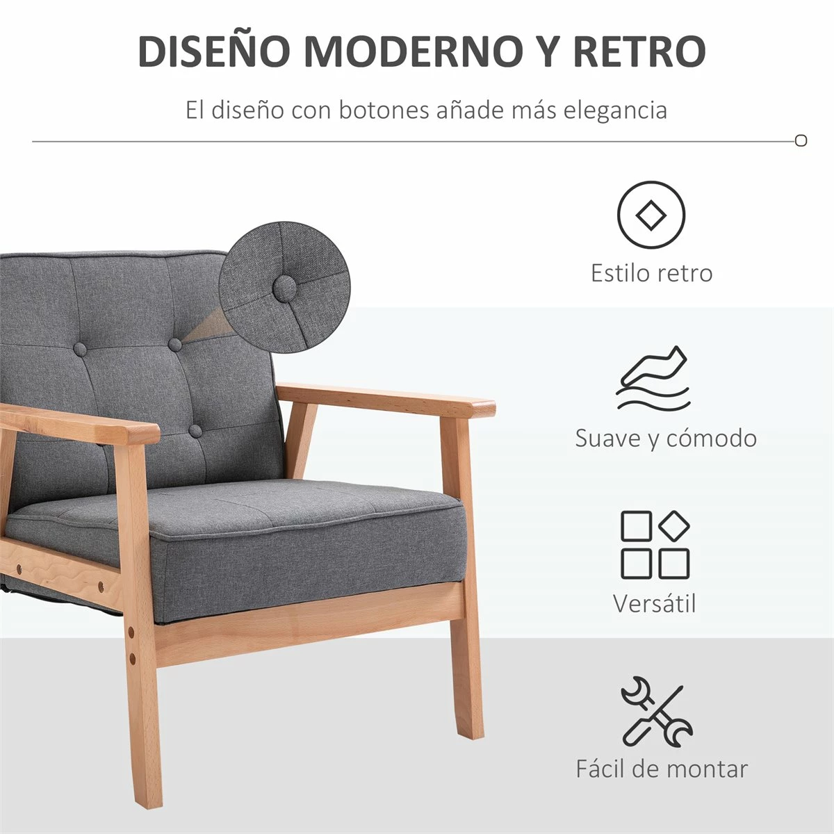 HOMCOM Butaca De Salón Moderno Sillón Individual Tapizado En Lino Con Asiento Acolchado Y Marco De Madera Para Oficina Dormitorio Carga 200 Kg 70x64,5x74 Cm Gris 4 HOMCOM Butaca De Salón Moderno Sillón Individual Tapizado En Lino Con Asiento Acolchado Y Marco De Madera Para Oficina Dormitorio Carga 200 Kg 70x64,5x74 Cm Gris - Imagen 4