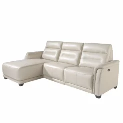 Sofá Chaise Longue (L) Tapizado En Piel De Origen Vacuno Color Gris Taupe Con Mecanismo Relax Eléctrico En Un Asiento. Patas De PVC Efecto Wengué.