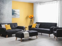 Conjunto De Sala De Estar 8 Plazas Con Reposapiés Negro FLORLI