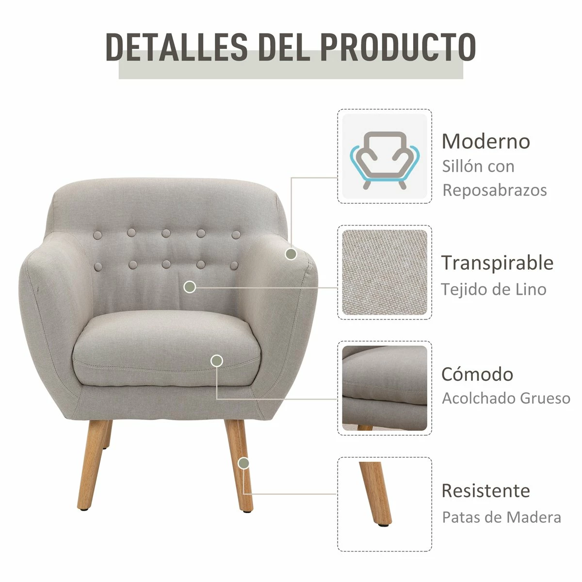 HOMCOM Butaca Moderna Con Patas De Madera Sillón Individual Estilo Nórdico Acolchado Para Salón Dormitorio 71x62x78 Cm Beige 4 HOMCOM Butaca Moderna Con Patas De Madera Sillón Individual Estilo Nórdico Acolchado Para Salón Dormitorio 71x62x78 Cm Beige - Imagen 4