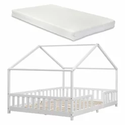 Cama Para Niños Treviolo Forma De Casa Pino Con Colchón 140x200 Cm Blanco Mate [en.casa][neu.haus]