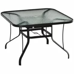 Outsunny Mesa De Cristal De Jardín Con Agujero Para Sombrilla Mesa Para Comer Cuadrada Con Marco De Acero Para Exterior Terraza Balcón 106,5x106,5x71 Cm Negro